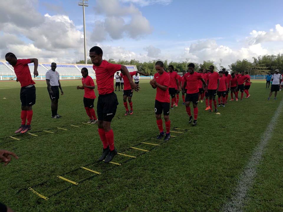 National Under-20 footballers take part in a training session recently.