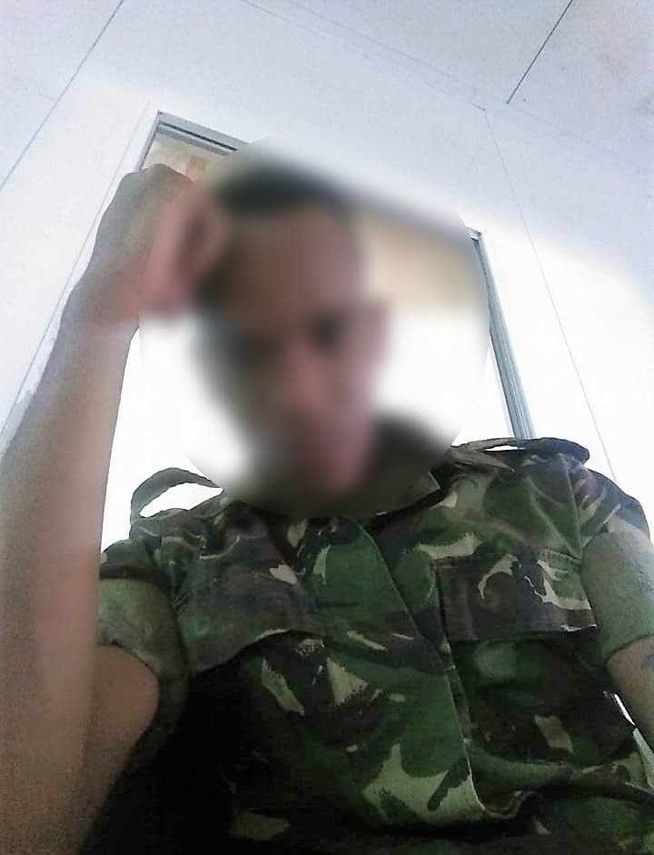 SOLITARY CONFINEMENT: This photo which was circulating on social media shows a man clad in a soldier’s uniform with the caption under the photo claiming he was responsible for several rapes in the Cumuto area.