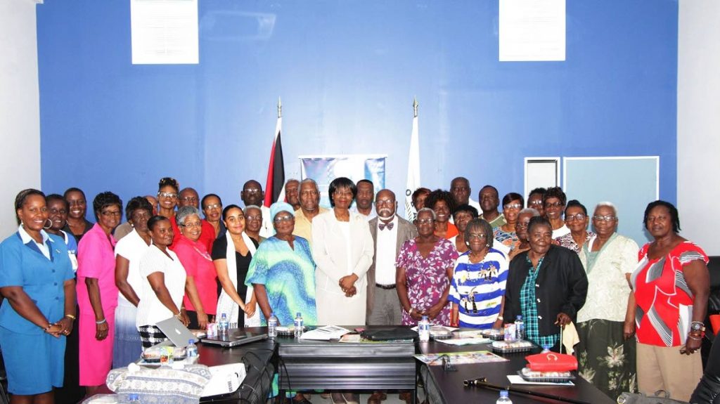 Stakeholders from groups representing senior citizens in Tobago, gather for a group photo with Health Secretary Dr Agatha Carrington, centre, and representatives from AMDOR Martinique and the International Federation of Associations of the Elderly (FIAPA) at a meeting  at the Health Division on February 16.