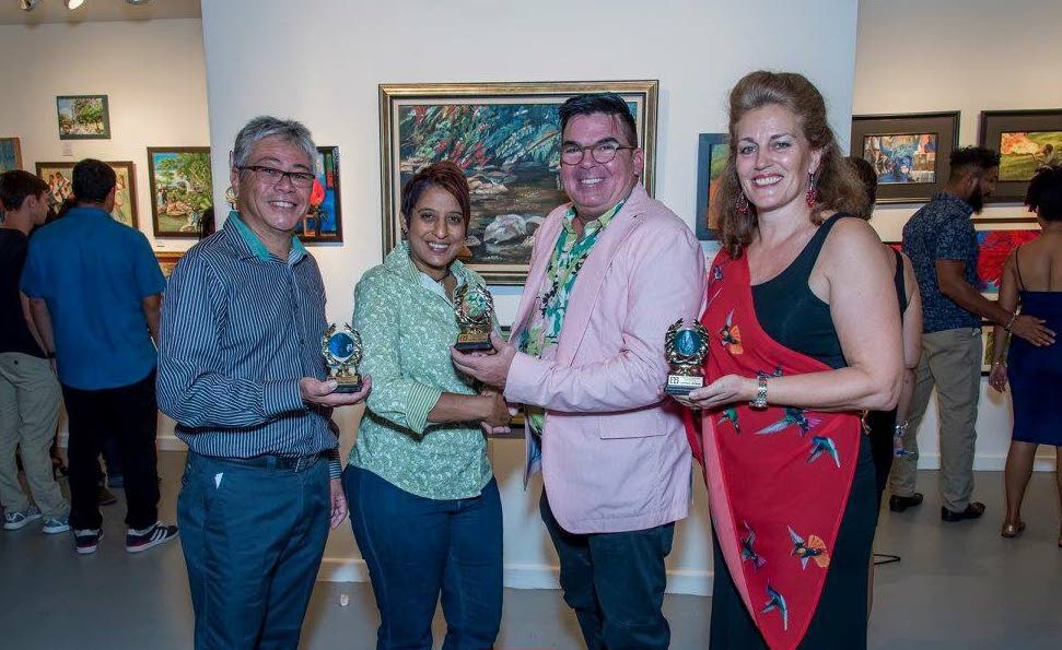 Awardees: Keith Aqui, Shalini Seereeram, Peter Sheppard - ASTT president and curator of the exhibition, Rachel Lee Young.