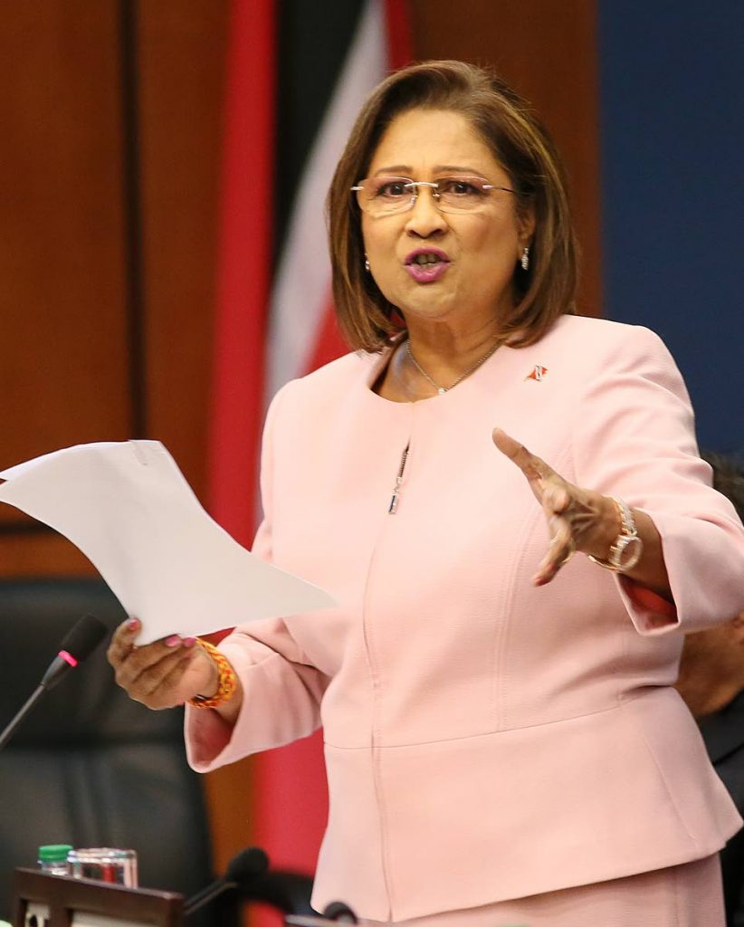 Opposition Leader Kamla Persad-Bissessar speaks in Parliament yesterday.