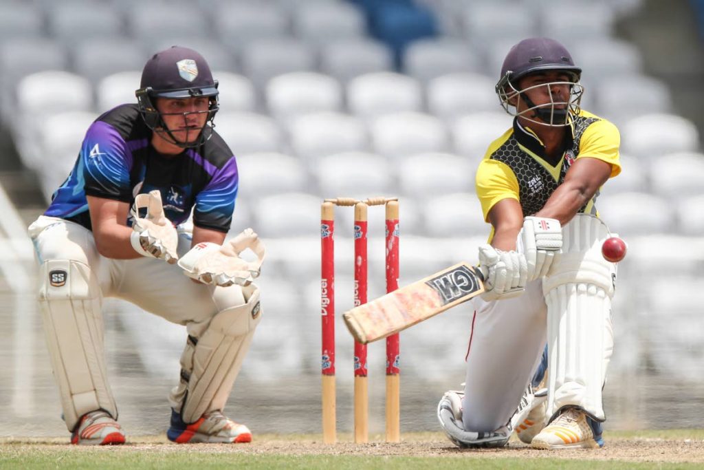 Central Cyclones’ Saiba Batoosingh hits a six against North Parkboys in the TTCB Inter Zone 50 overs tournament last week.