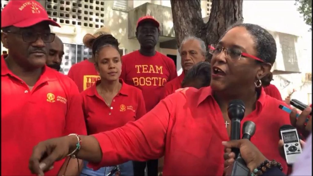 Mia Mottley and supporters during the election campaign in Barbados. Mottley and the Barbados Labour Party swept the polls on Thursday winning all 30 seats to defeat the Democratic Labour Party which governed Barbados since 2008.