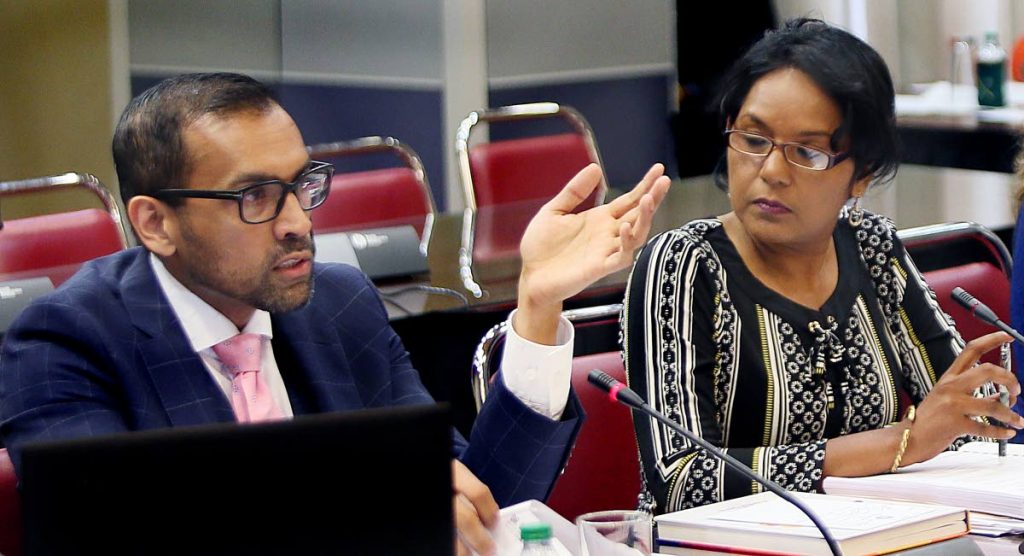 Chairman of MATT’s standing committee on  cybercrime Dr Sheila Rampersad (right) and attorney Dr Emir Crowne before the JSC for the Cybercrime Bill at the Parliament building on Tuesday.   PHOTO BY AZLAN MOHAMMED