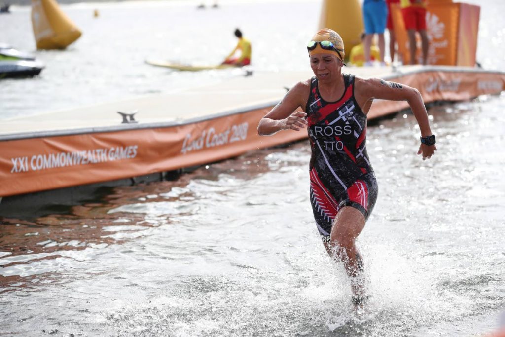 TT’s Jenna Ross leaves the water to transition to the cycling leg, in the women’s triathlon, at the 2018 Commonwalth Games in Australia earlier this year.