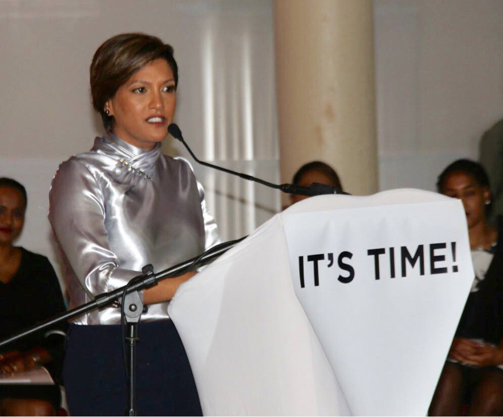 Mickela Panday gives an address at “It Time” a consultation on the formation of a new party at Gaston Courts, Chaguanas on May 20. FILE PHOTO