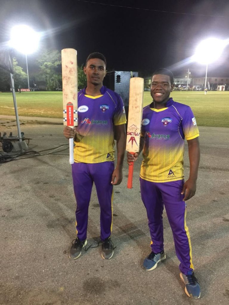 CENTURY MAKERS: Experts All Stars’ Saiba Batoosingh, left, and Mbeka Joseph, lift their bats after big knocks in the Central Super League T20.