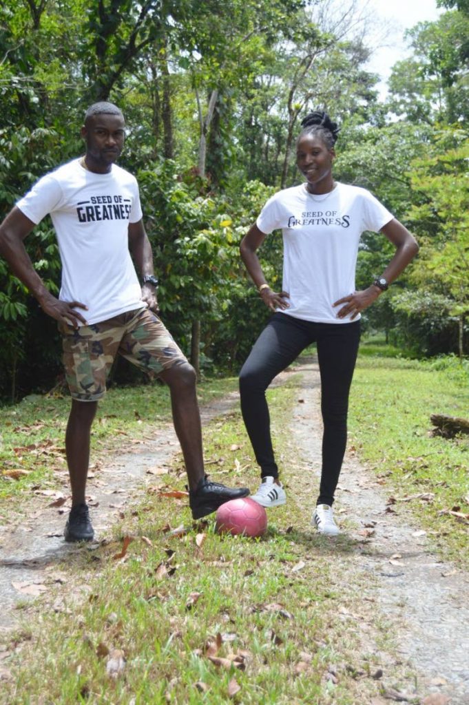 Denice Dedier and a model sport her Seed of Greatness line. Dedier also runs a football academy in her Biche hometown.