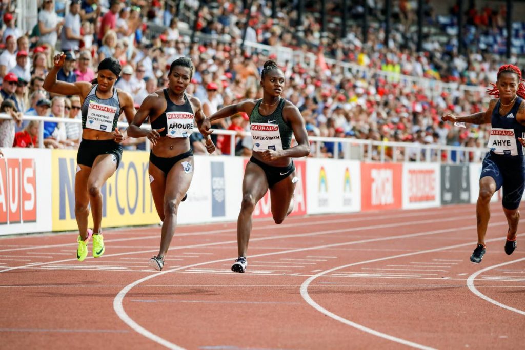 (L-R) Blessing Okagbare-Ighoteguonor (5th) of Nigeria, Murielle Ahoure (2nd) of Ivory Coast, Dina Asher-Smith (1st) of Great Britain and Michelle-Lee Ahye (3rd) of Trinidad and Tobago compete during the women’s 100m event at the IAAF Diamond League 2018 meeting at Stockholm Olympic Stadium in Stockholm, Sweden, yesterday. (AFP PHOTO)