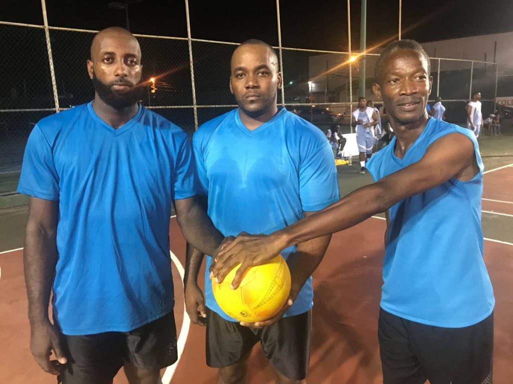 From left, Akeem De Leon, Marcus Clinton and Cliff Nicholson, of Matrix, pose for a photo after winning the Men’s Shoot-out competition of the Tobago Netball League one-day competition, last Wednesday, at the Shaw Park Netball court. Photo by Jem Gordon