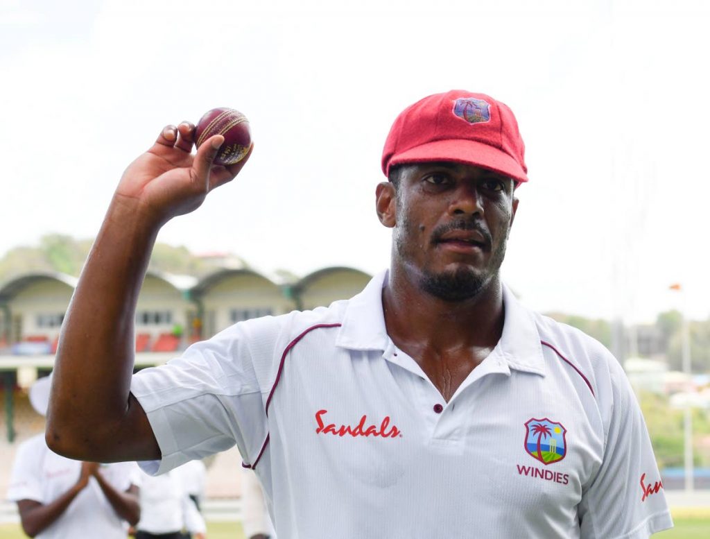 Man of the Match Shannon Gabriel walks off the field in the 2nd Test vs Sri Lanka with the ball after finishing with 13 wickets in 
the match.