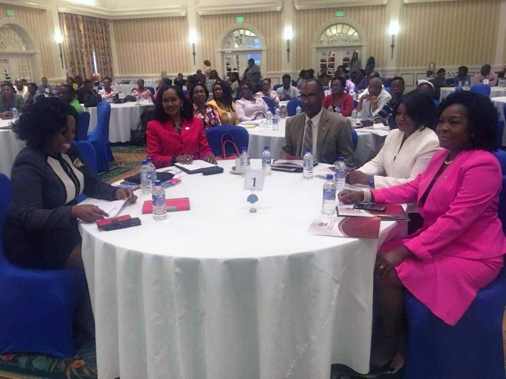 LET’S TALK IT OUT: Labour Minister Jennifer Baptiste Primus, seated 2nd from left, at a National Stakeholder Consultation on the Draft National Workplace Policy on Sexual Harassment at the Magdalena Grand Beach and Golf Resort. PHOTO BY KINNESHA GEORGE-HARRY