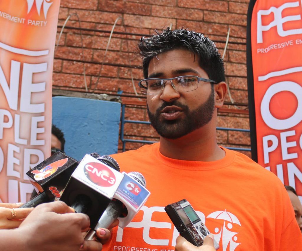 Progressive Empowerment Party Barataria candidate Christoph Samlal speaks to reporters after filing his nomination papers in Port of Spain last Monday. PHOTO BY XAVIER SYLVESTER