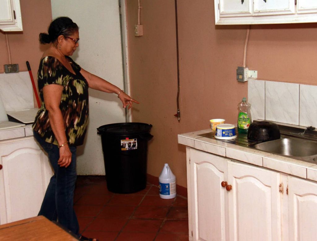 GONE: Chief cook Joan Lee Chong points to the space left after a stove was stolen from the soup kitchen of the Holy Cross 
RC Church in Princes Town. PHOTO BY ANIL RAMPERSAD.