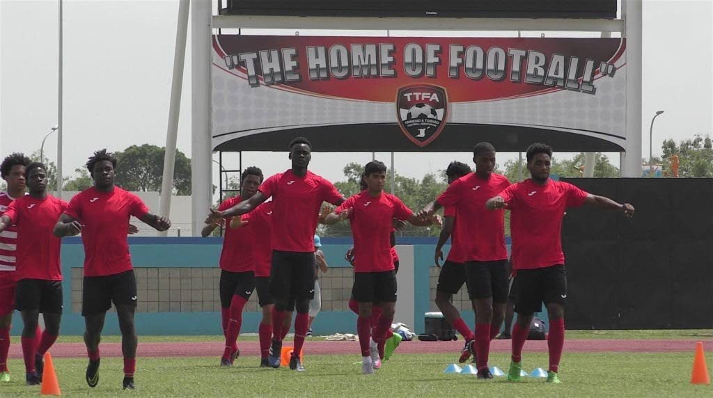 National Under 20 footballers train at the Ato Boldon Stadium in Couva.