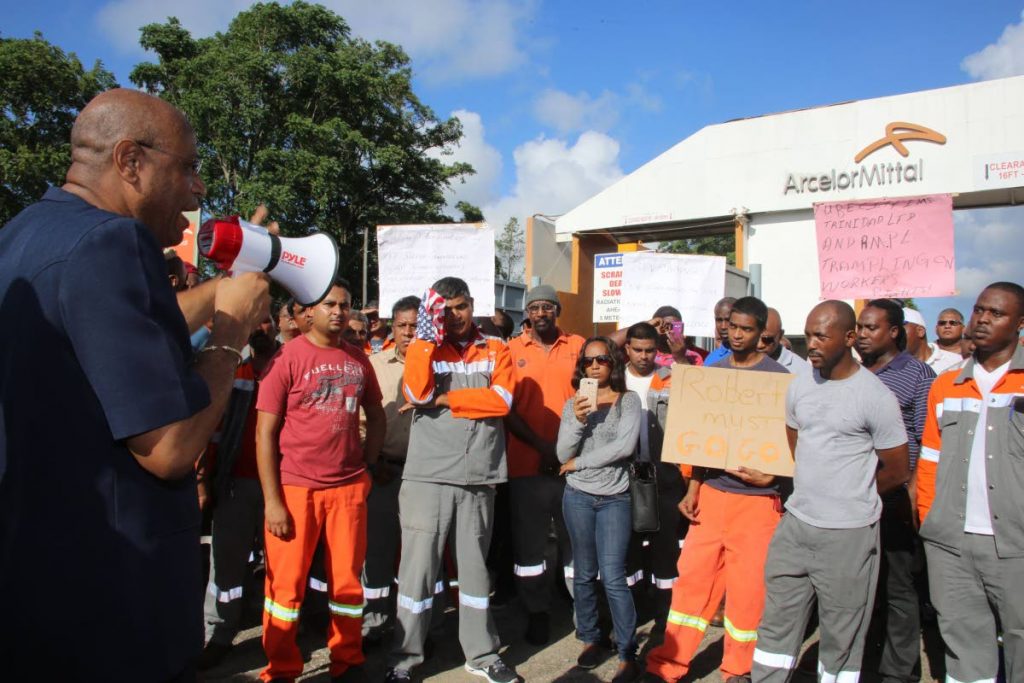 File photo: OWTU President General Ancil Roget speaking to workers of ArcelorMittal steel on August 25, 2015 during a protest in front of the security entrance of the plant in Point Lisas. Photo by Vashti Singh.