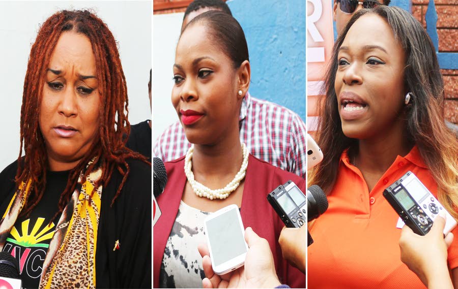 VOTE FOR WE: From left, UNC candidate Liana Babb-Gonzales, PNM candidate Nicole Young and PEP canddiate Felicia Holder who will contest the July 16 by-election in Belmont East.