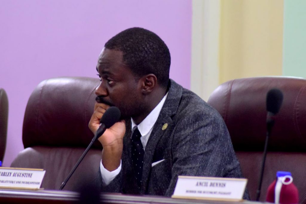 Minority member Farley Augustine listens to contributions during the debate on the 2018/2019 budget debate last Thursday in the Assembly Legislature Chamber in Scarborough.