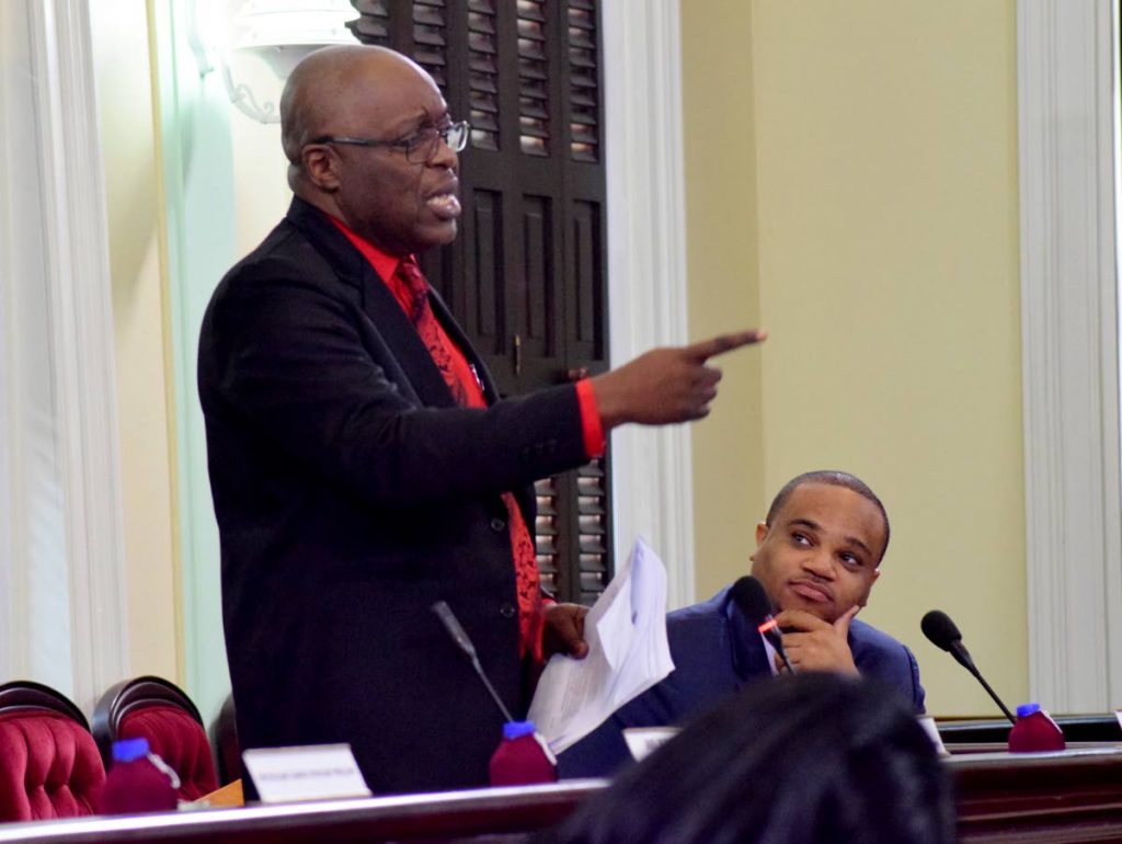 Chief Secretary Kelvin Charles speaks during debate on the Tobago House of Assembly’s 2018/2019 budget proposals in the Assembly’s Chamber in Scarborough last Thursday.