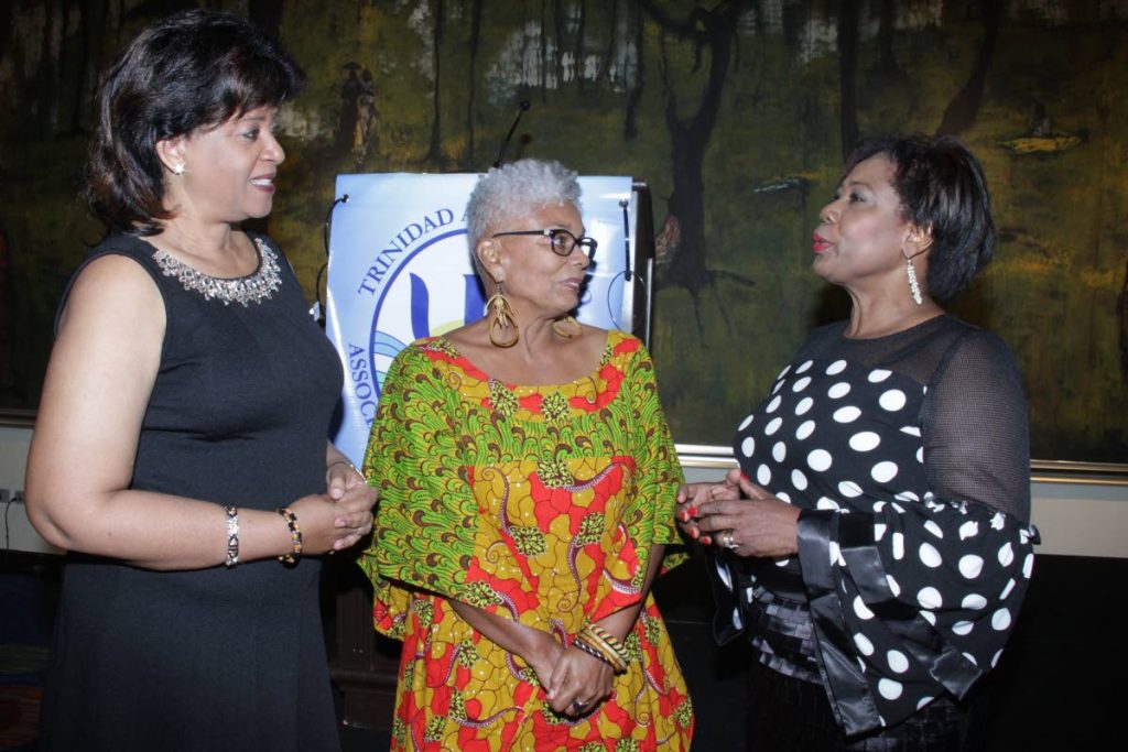 DISCUSSING MENTAL HEALTH: House Speaker Brigid Annisette-George (right) speaks with TT Association of Psychologists president Dr Margaret Nakhid-Chatoor (left) and newly inducted honourary member Anna Maria Mora at the Trinidad Hilton yesterday.   PHOTO BY ROGER JACOB