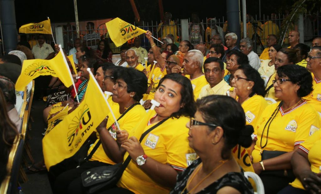 WE BACK UNC: Supporters of the United National Congress (UNCT) at the party’s Monday Night Forum at the Avocat Vedic Primary School in Fyzabad.