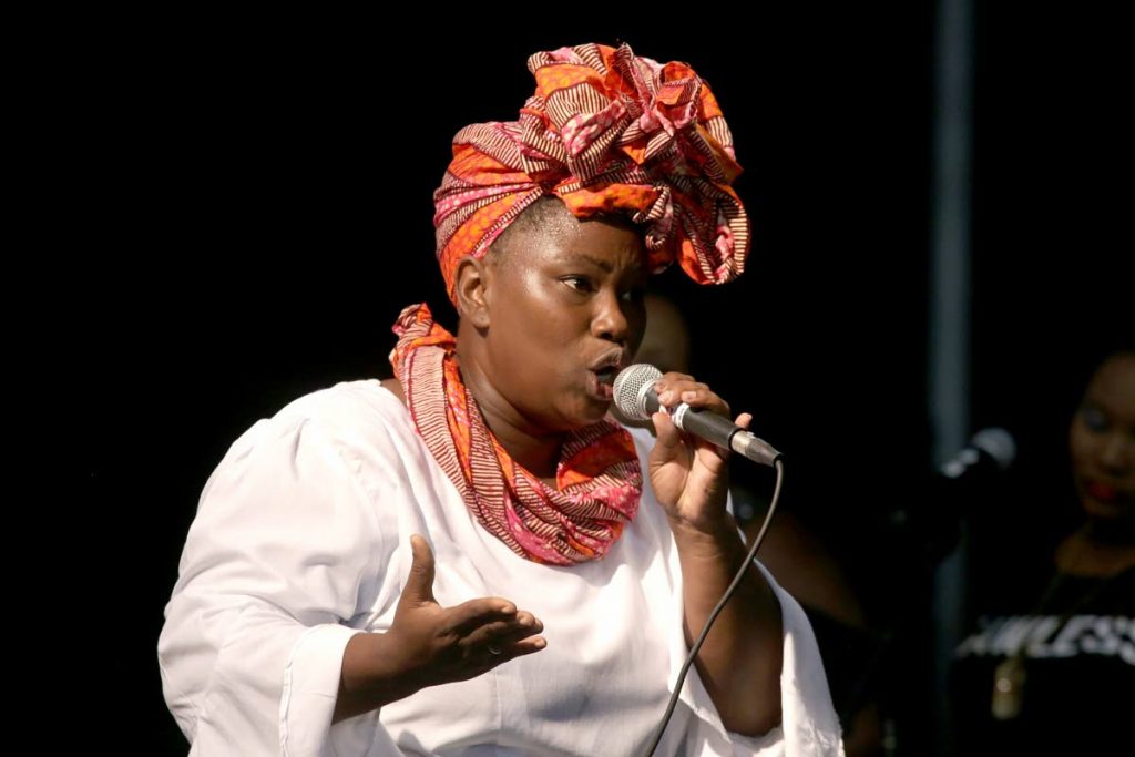 Delanie Baynes (Lady Baynes) performs at Plymouth’s Vintage Kaiso competition on July 22, 2017 at the Plymouth recreation ground.