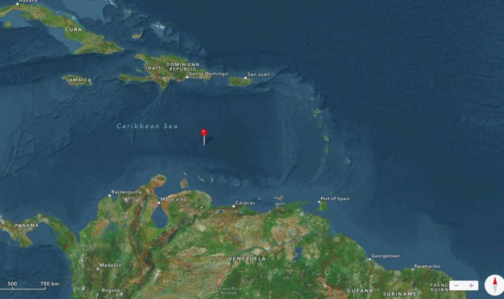 Satellite tracking shows the Galleons Passage in the Caribbean Sea approaching the Venezuelan mainland