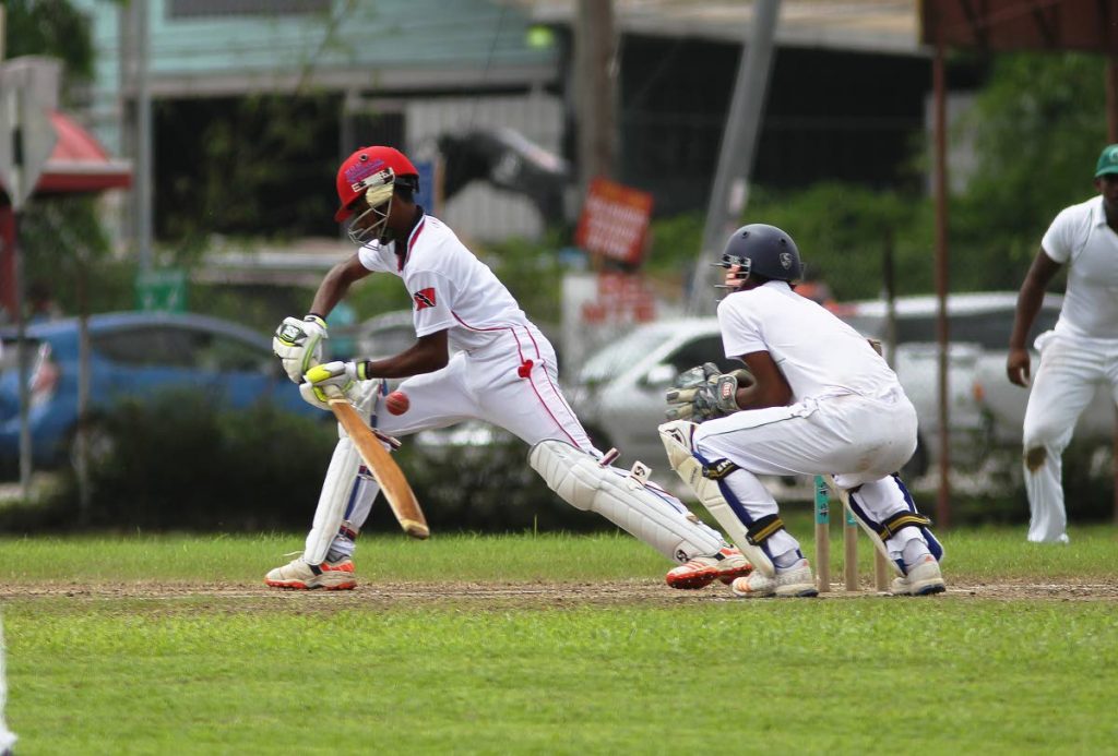 Trinidad and Tobago batsman,Anderson Miles plays a stroke  during the Cricket West Indies regional under 17 tournament held at Gilbert park, Couva, yesterday.