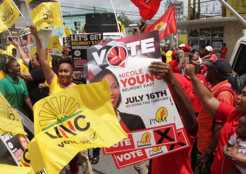 July 15, 2018. Supporters of the UNC and PNM meet at Piggott’s Corner in Belmont during motorcades by their respective parties in the lead-up to tomorrow’s by-elections for Belmont East and Barataria.