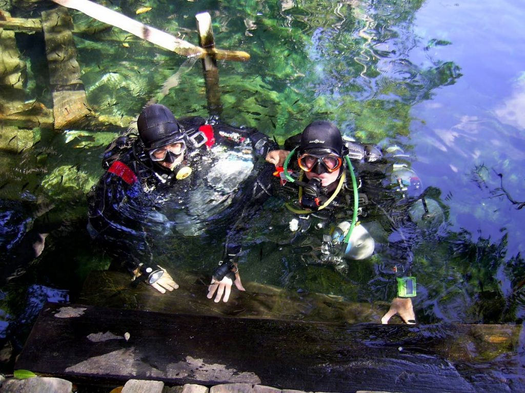 Cave divers Deighton Parris and Tom Taylor take a photo before a dive in the cave called Mayan Blue in Mexico.