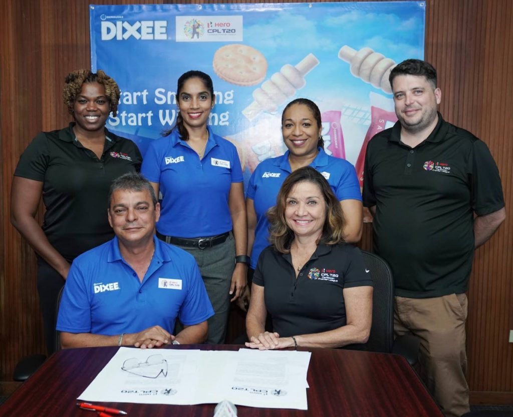 DIXEE IN THE PARTY: CPL officials and DIXEE representatives are all smiles after DIXEE signed on as a sponsor for the 2018 tournament. Pictured are (back row, from left) Leisel Douglas, CPL PRO; Lisa Ramdeen, marketing manager, Bermudez; Candii Alleyne, DIXEE brand manager of Bermudez; Peter Miller, head of PR & communications for CPL; pose with (seated) Andre Jacelon, Commercial GM Bermudez; and Natalie Black- O'Connor, branding & hospitality manager for CPL.