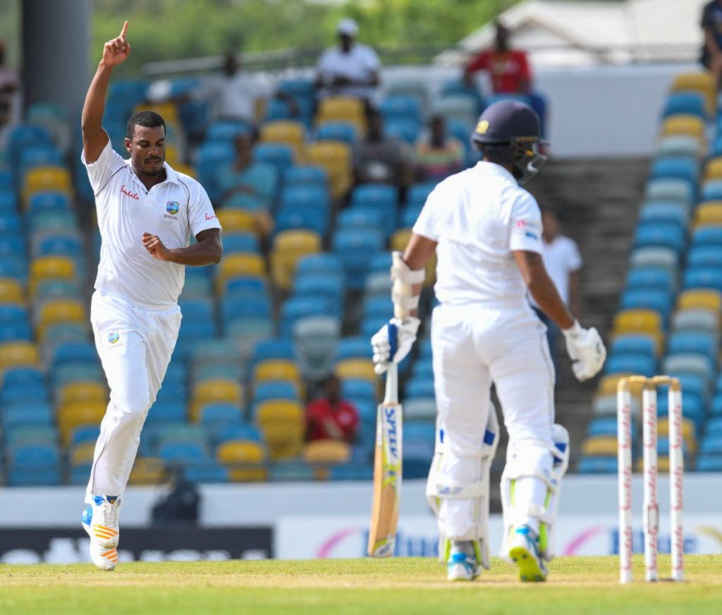 West Indies pacer Shannon Gabriel, left, celebrates the wicket of Sri Lanka's Roshen Silva during the recent Test series. 