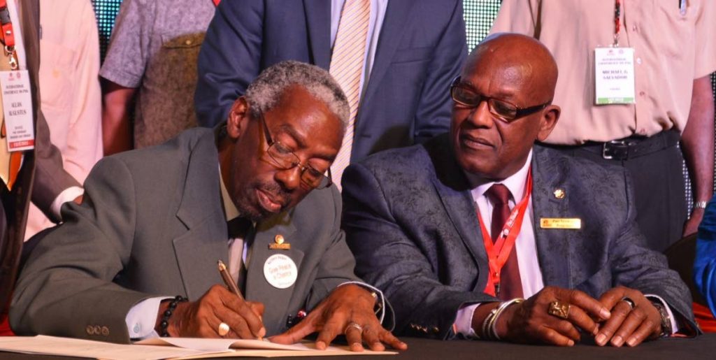 Pan Trinbago secretary Richard Forteau (left) and president Keith Diaz at the signing of a memorandum 
of understanding in 2016.