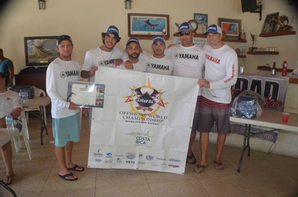 From left to right, anglers Michael de Freitas, Luke De Gammes, Dean Fakoory, Christian Valdez, Dominic Wallace and Marc Telfer, all of team Mapepire celebrate their Best Boat win at the Trinidad Tarpon Thunder event held over the weekend. Photo: RONALD DANIEL.