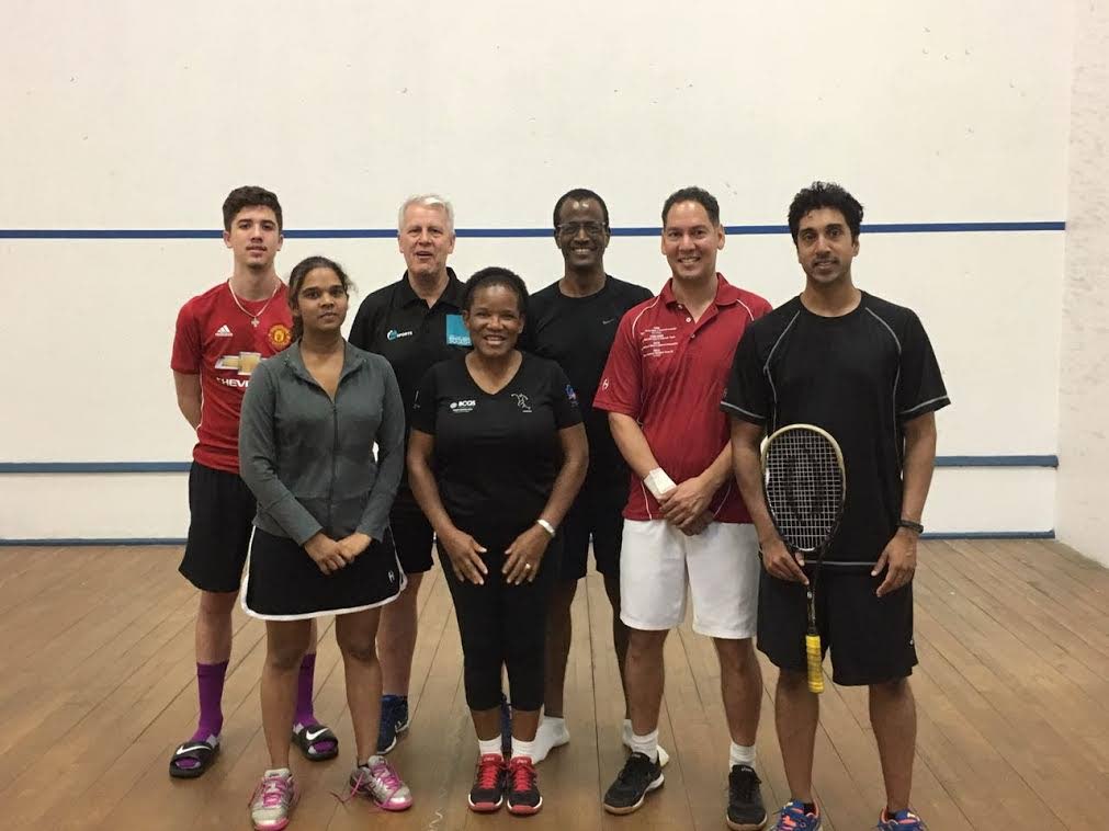 Elite English (Level 4) coach, Paul Selby, back row, second from left, and participants of Level 1 & 2 courses, at the Cascadia Squash Courts, recently.