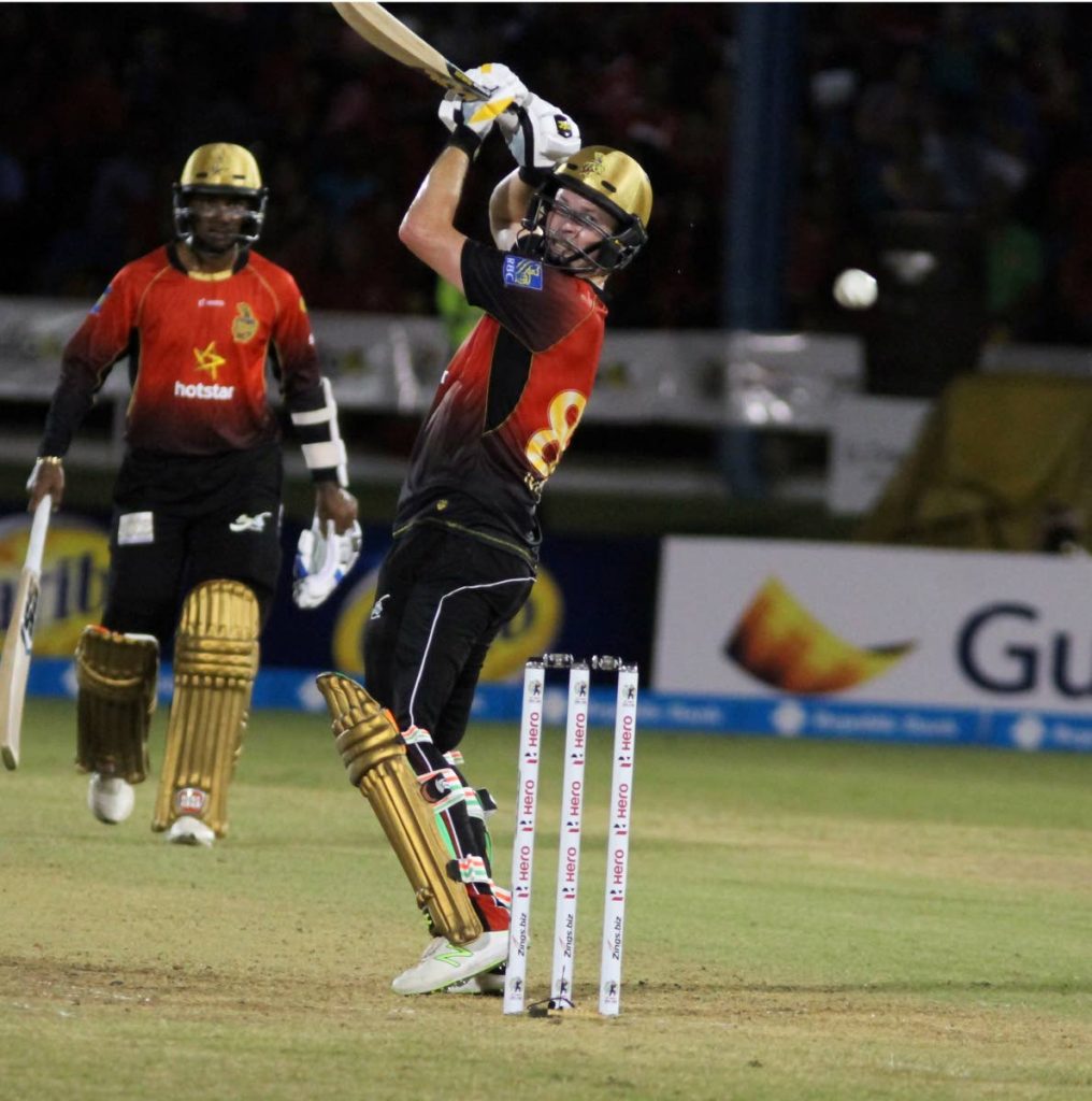 Trinbago Knight Riders' Colin Munro plays a shot against St Lucia Stars on Wednesday in the opening match of the Hero Caribbean League at the Queen's Park Oval, St Clair. 