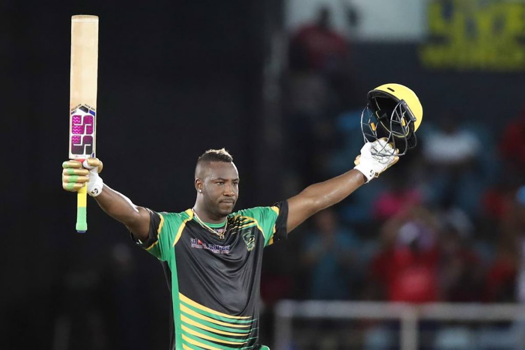 BRUTAL KNOCK: Jamaica Tallawahs captain Andre Russell celebrates scoring the fastest ever Caribbean Premier League century off 40 balls against the Trinbago Knight Riders. 