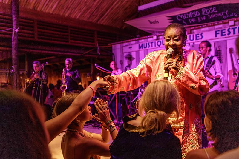 Calypso Rose performs for guests at the Mustique Company’s 50th Anniversary party last month in Mustique Island. Photos courtesy Basil Bar