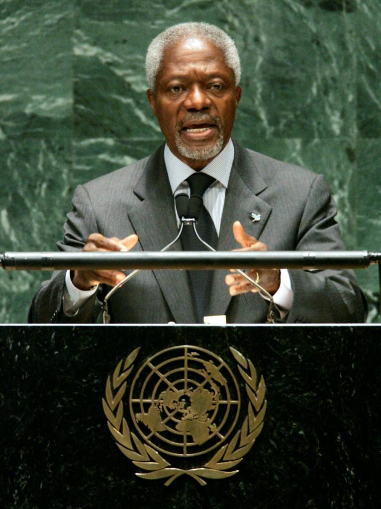 In this May 2, 2005 file photo UN secretary general Kofi Annan addresses a conference on the Nuclear Nonproliferation Treaty at the UN headquarters in New York. Annan, one of the world's most celebrated diplomats, died yesterday at age 80. AP Photo
