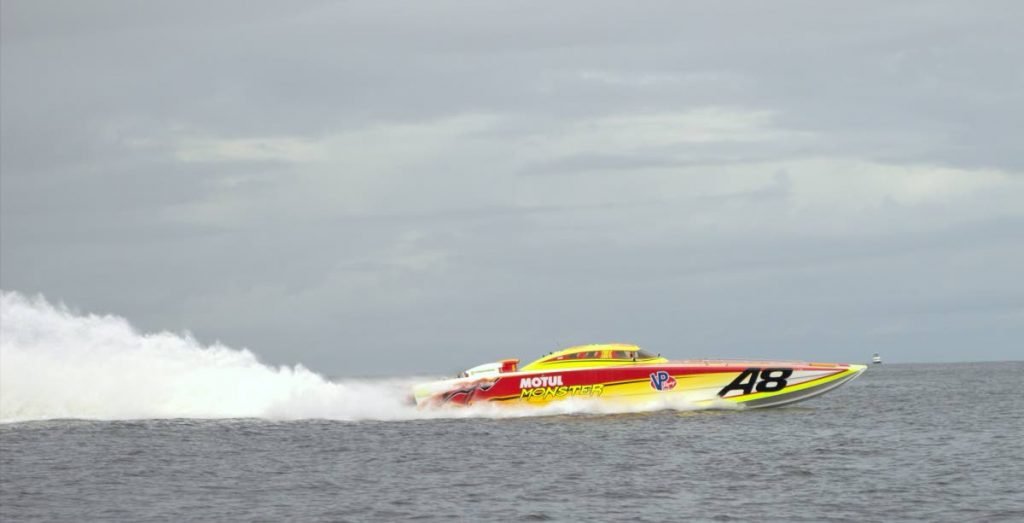 Motul Monster arriving at Store Bay on Saturday to place first in the annual Great Race. Photo by David Reid