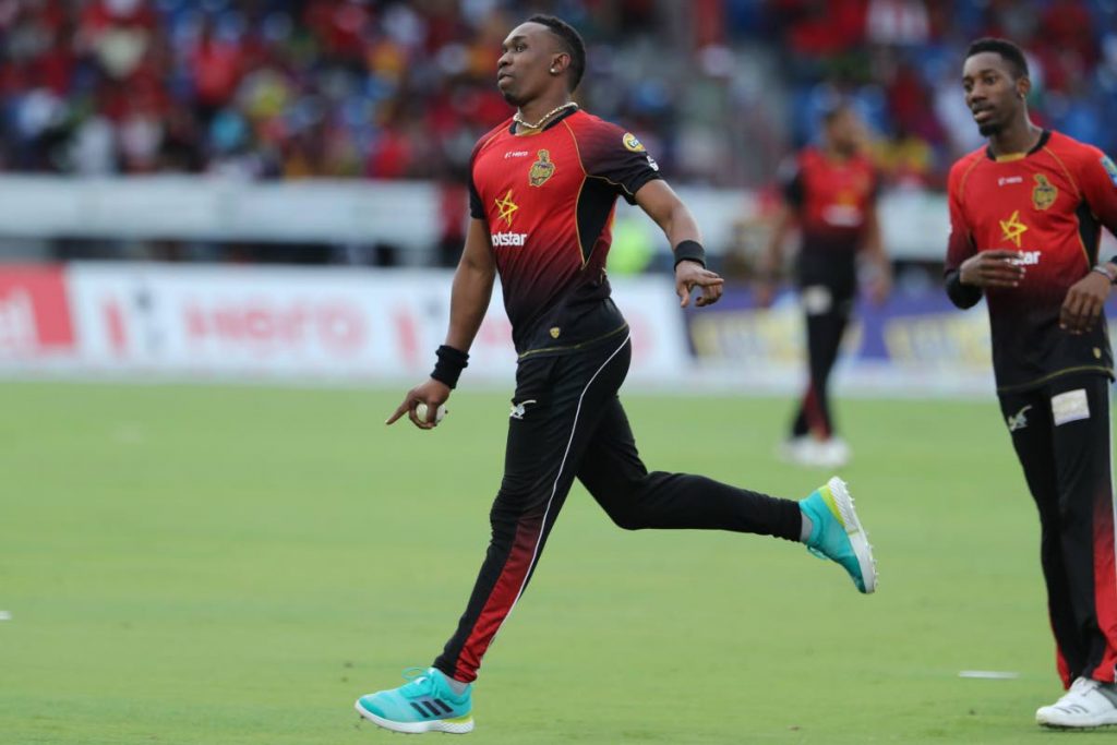  Dwayne Bravo of Trinbago Knight Riders celebrates a wicket during the Hero Caribbean Premier League match between Jamaica Tallawahs and Trinbago Knight Riders at Central Broward Regional Park, on Sunday night, in Fort Lauderdale. 