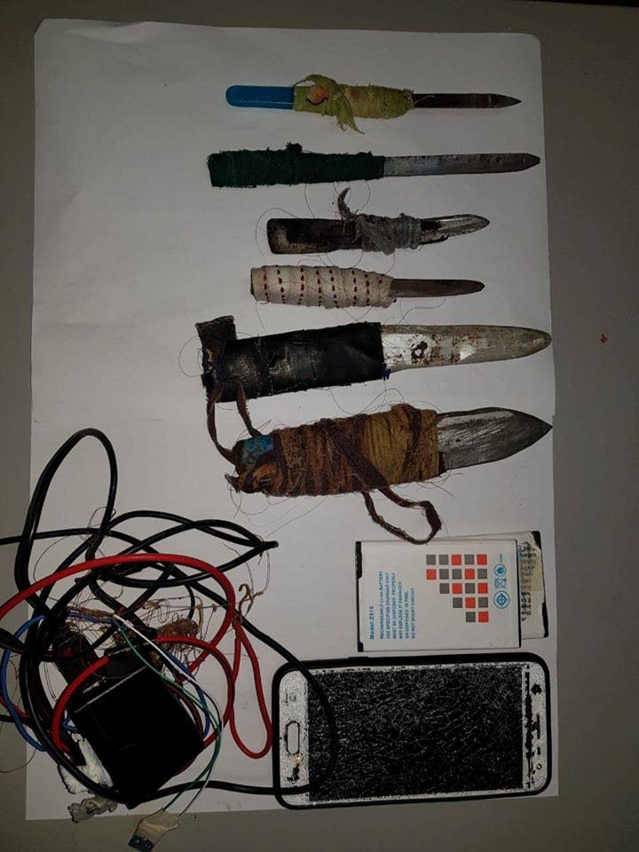  Items confiscated by prison officers during a search of cells at the Golden Grove Maximum Security Prison on Saturday.