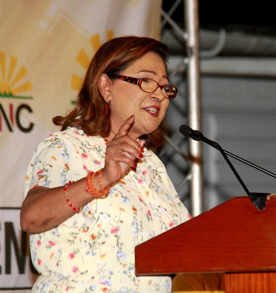 Opposition Leader Kamla Persad Bissessar address  UNC Supporters during Monday Night Forum, which took place at the Chaguanas South Secondary School.
PHOTO BY ANIL RAMPERSAD. 