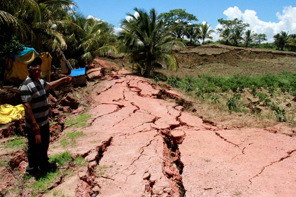 Farmer Nobbie Mathura points to the huge cracks in the Los Iros Hillview Road and his garden after Tuesday’s earthquake.