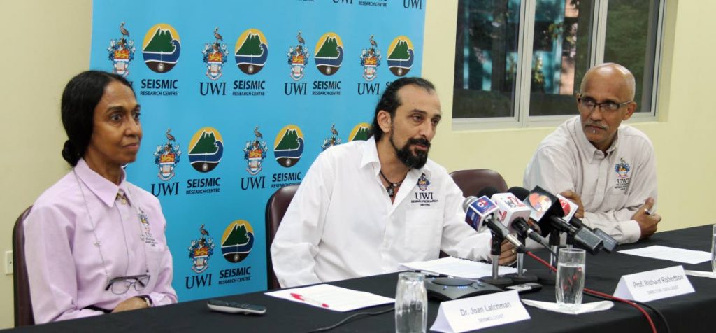 UWI Seismic Research Centre press conference from left ,seismologist  Dr Joan Latchman , engineering  seismologist Dr. Ilias Papadoupolos and Director/geologist  Professor Richard Robertson at Research institute  at Gordon St in st Augustine..PHOTO SUREASH CHOLAI   22-08-18 