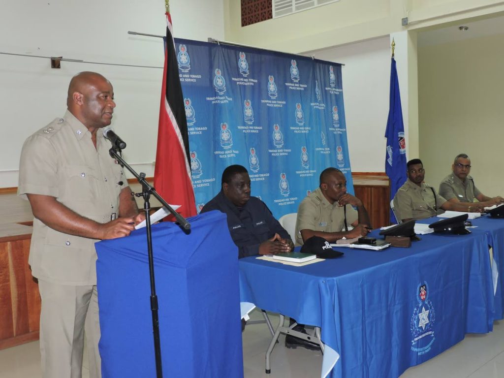Newly installed Commander of the Tobago Division TTPS Richard Corbett addresses members of the Hope community during a Police Town meeting on Wednesday