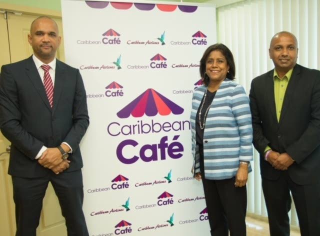 CAL launches Caribbean Café: (Left to right) CAL CEO Garvin Medera, Trade and Industry Minister Paula Gopee-Scoon and TT Manufacturers’ Association (TTMA) CEO Dr Ramesh Ramdeen, at the launch of CAL's  in-flight snack and beverage catalogue, Caribbean Airlines Ltd (CAL) launched its Caribbean Café, at the TTMA's offices, Barataria on August 24, 2018. The menu featuring only locally made products from TT and Jamaica as well as premium blends produced in Guyana. PHOTO COURTESY CAL.