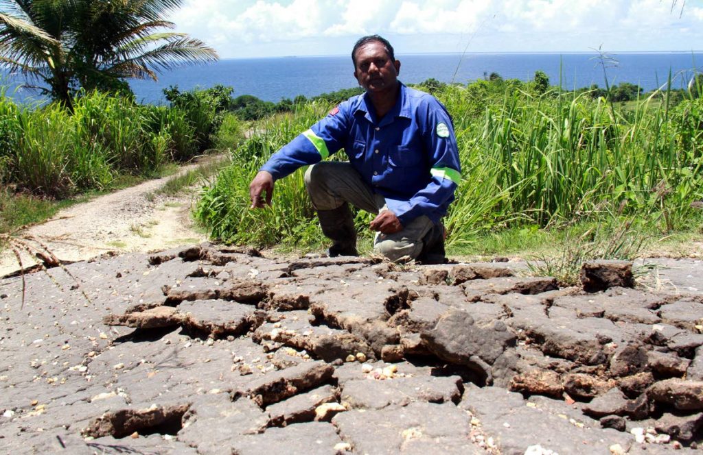 File photo: Farmer Kumar Dwarika points to one of the damaged access road caused by the earthquake  in Los Iros.
PHOTO BY ANIL RAMPERSAD.