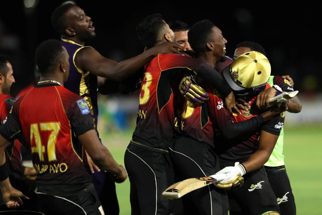 Trinbago Knight Riders players celebrate their last-ball win over Jamaica Tallawahs last Sunday in Florida. PHOTO BY Ashley Allen - CPL T20
