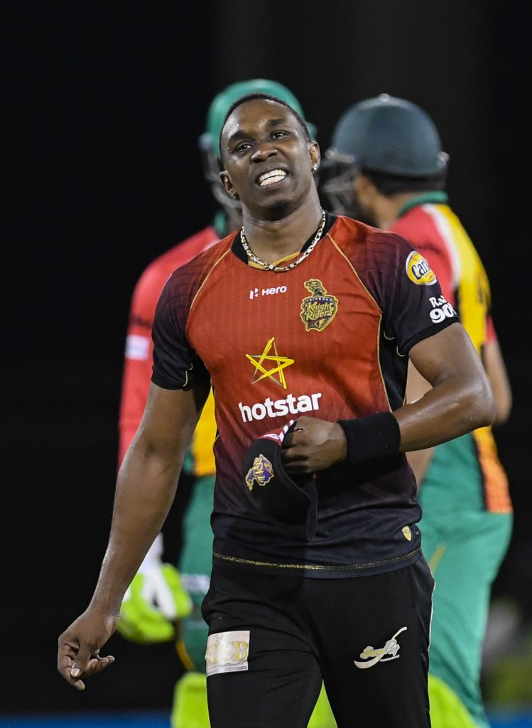 In this handout image provided by CPL T20, Dwayne Bravo of Trinbago Knight Riders express disappointment during the Hero Caribbean Premier League Play-Off match 31 between Guyana Amazon Warriors and Trinbago Knight Riders at Guyana National Stadium on September 11, 2018 in Providence, Guyana (Photo by Randy Brooks - CPL T20/Getty Images)